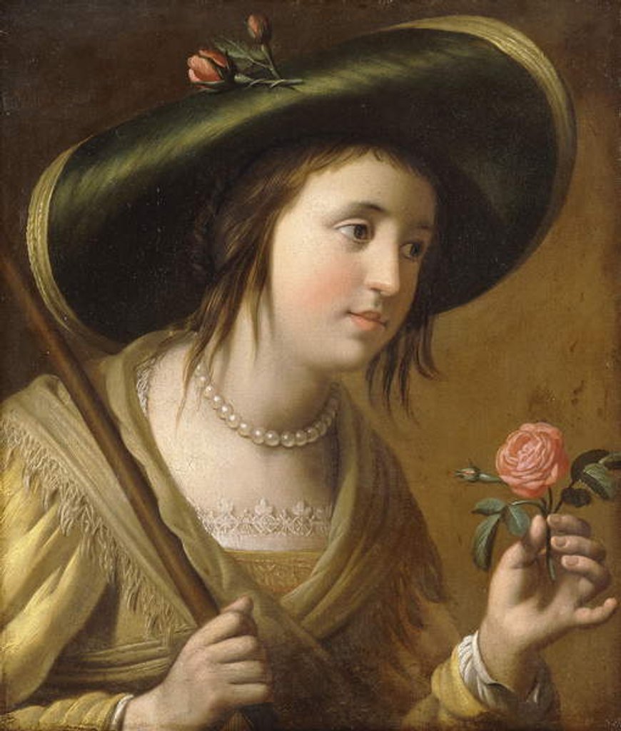 Detail of Portrait of Princess Elizabeth II van de Palts as a Shepherdess, bust length, holding a Rose by Gerrit van Honthorst