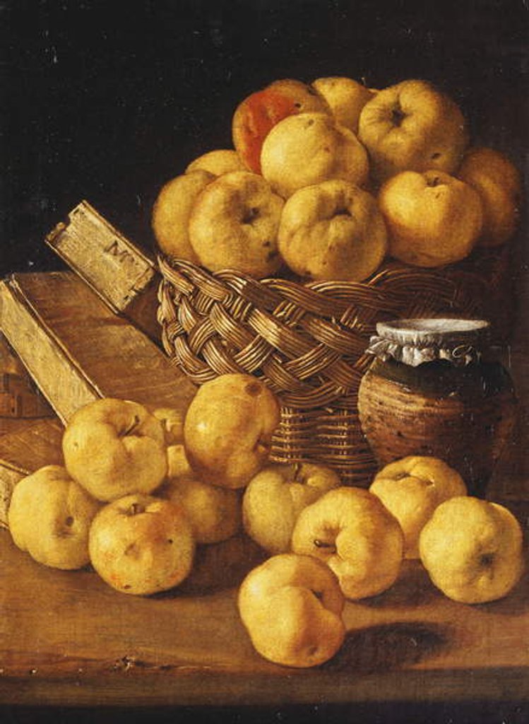 Detail of Apples in a Basket, a Jar and Condiment Boxes on a Table by Luis Egidio Menendez or Melendez
