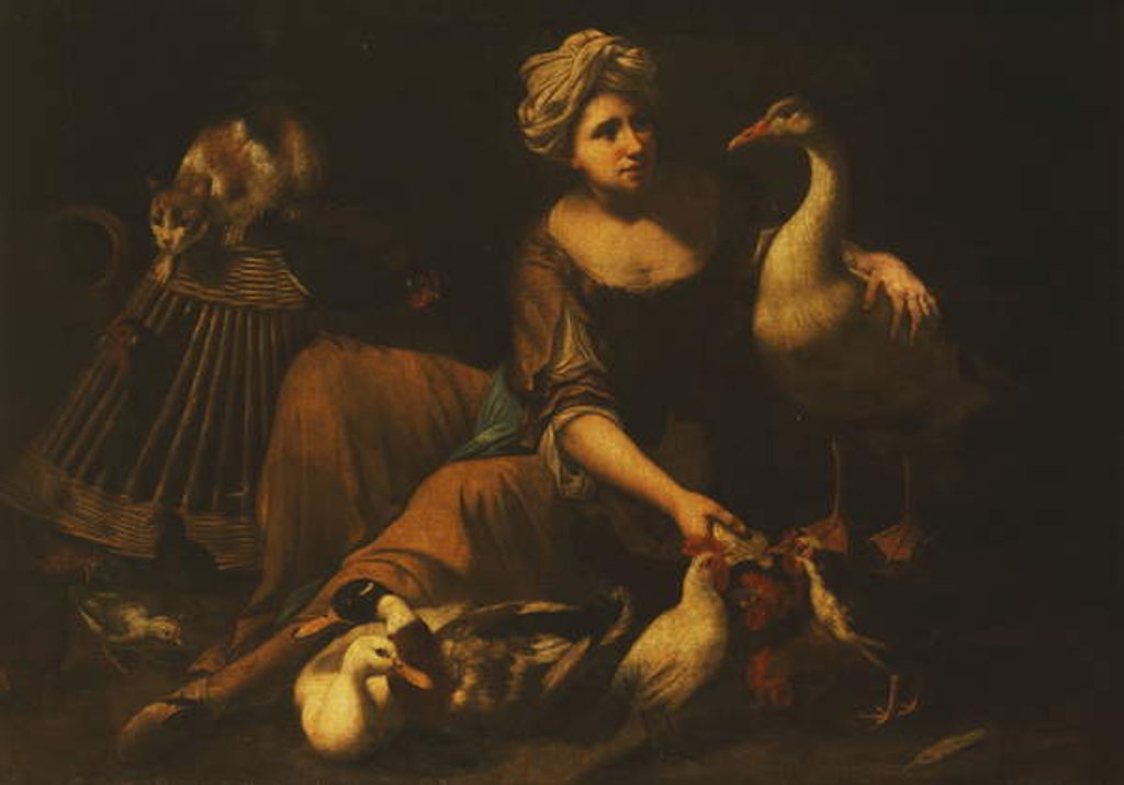 Detail of A Girl Feeding Cockerels, with a Cat on a Basket, a Goose, Duck and other Birds by Tommaso Salini