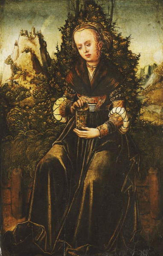 Detail of Saint Mary Magdalen seated on a Grassy Verge in a Mountainous Landscape by Lucas the Younger (attr. to) Cranach