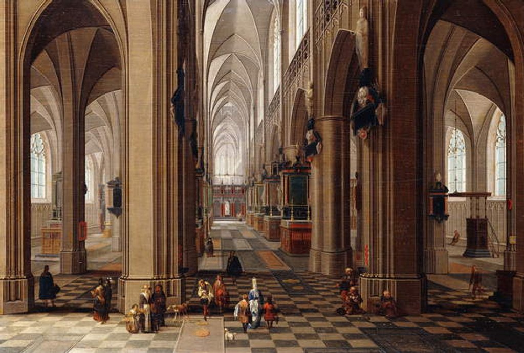 Detail of The Interior of a Gothic Cathedral with Townsfolk and Pigrims, 1647 by Pieter the Elder Neeffs
