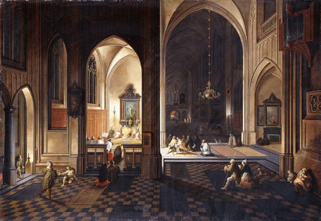 Detail of A Church at Night with a Priest celebrating Mass in a side Chapel by Pieter & Francken Frans Neeffs