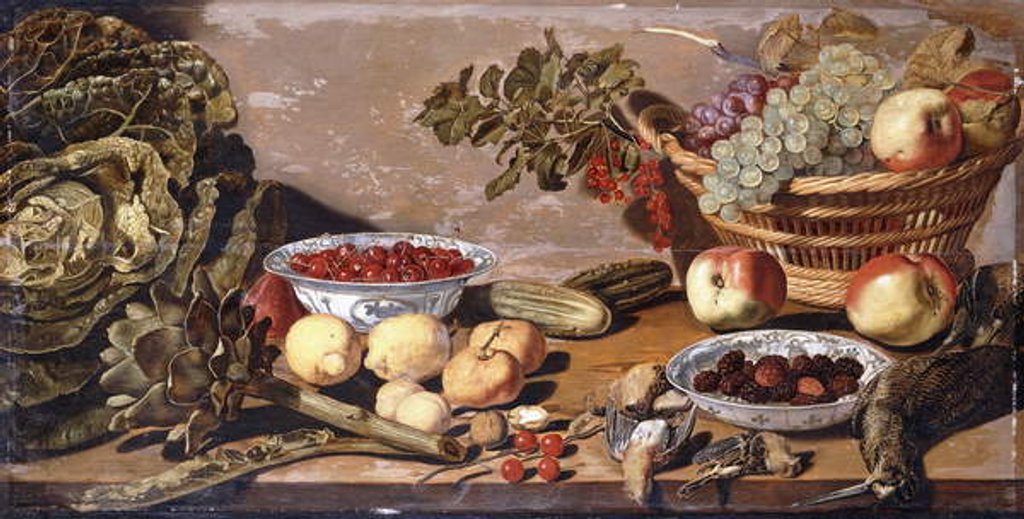 Detail of Bowls of Cherries and Blackberries, a Basket of Grapes, Apples and Red currants, a Cabbage, Artichoke, Lemons, Gerkins Nuts, Other Fruit, Dead Snipe and Thrushes on a Table by Robert Willemsz de Baudous