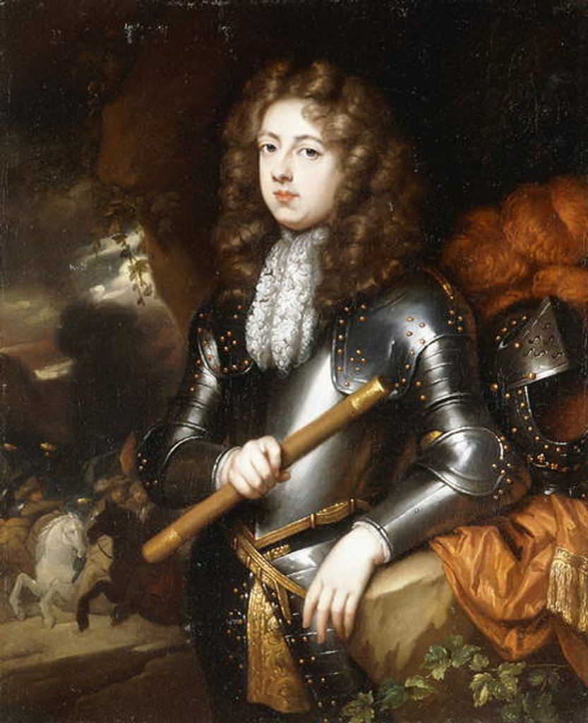 Detail of Portrait of a Commander, three-quarter length, in Armour, holding a Baton, his Plumed Helmet on a Rock nearby, a Cavalry Charge beyond, by Caspar Netscher
