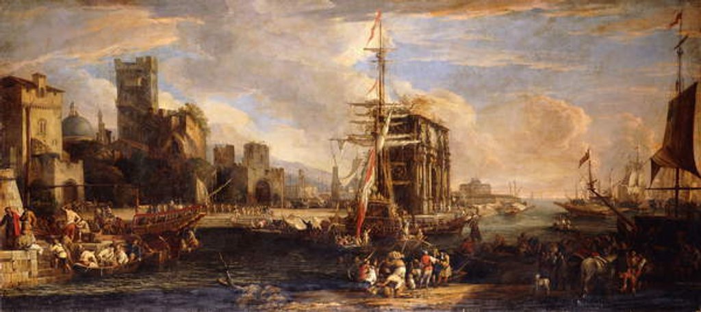 Detail of A Capriccio of a Mediterranean Seaport by Luca Carlevaris