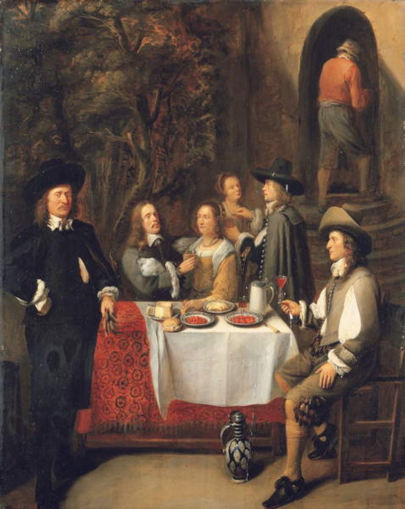 Detail of Elegant company at a table on a terrace by Gillis Van Tilborch