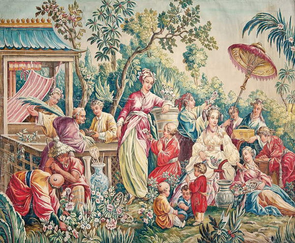 Detail of Aubusson cartoon for a wall hanging of figures in an Oriental garden by French School
