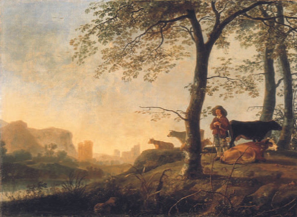 Detail of Evening river landscape with a cowherd and cows by the edge of a copse, a bridge and ruins beyond by Abraham van Calraet