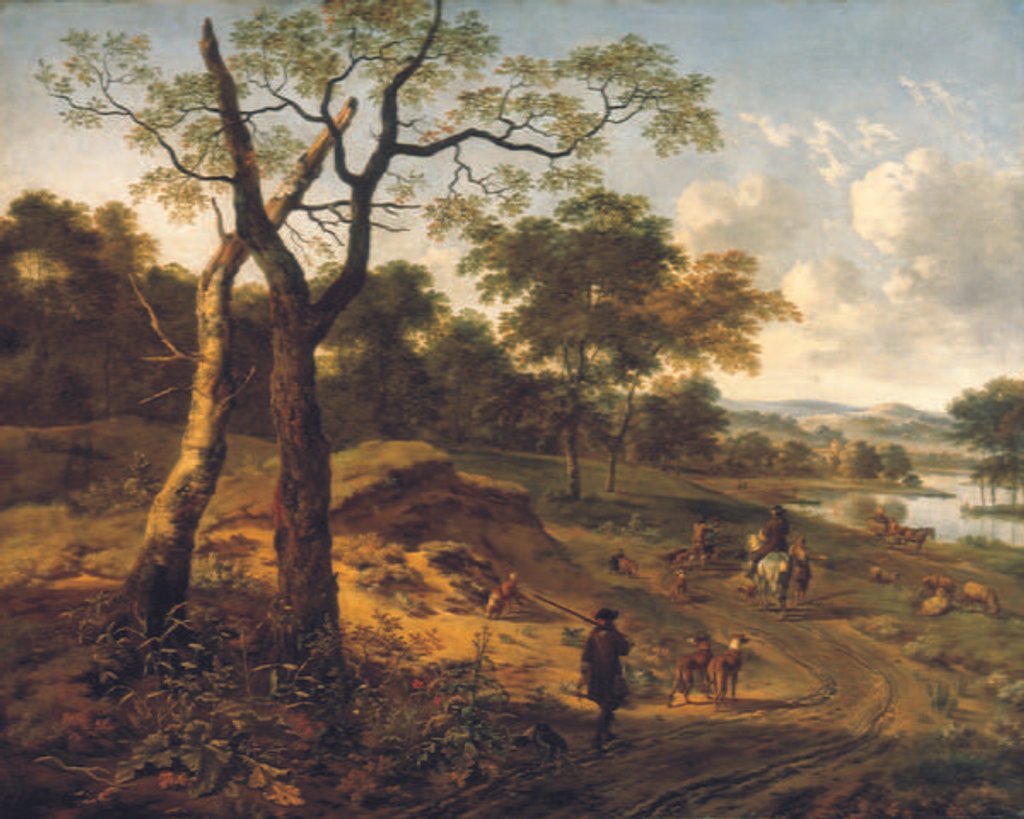 Detail of Wooded evening landscape with a hunter and dogs by Adriaen van de & Wynants Jan Velda
