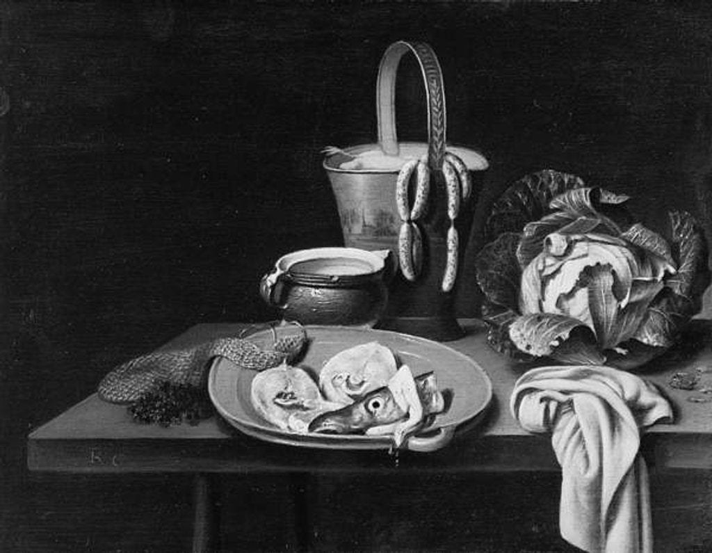 Detail of Fish on an earthenware plate, a pail with sausages, a glazed pottery bowl, a cabbage and a cloth on a wooden table by Reinier or Reynier Coveyn or Covyn