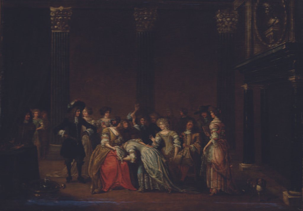 Detail of An elegant company in an interior with a matrimonial dispute by Hieronymus (follower of) Janssens