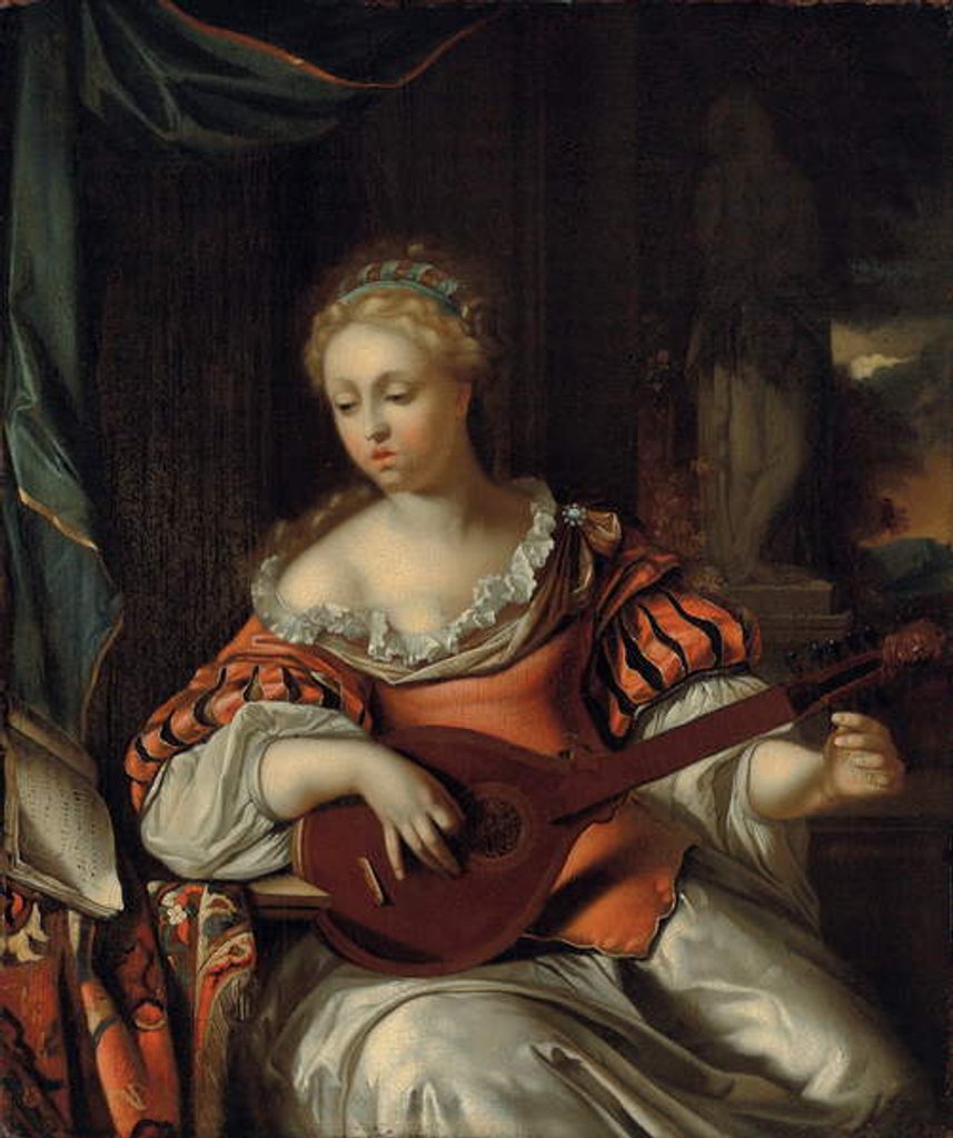 Detail of A lady playing the lute in a portico by Pieter van der Werff