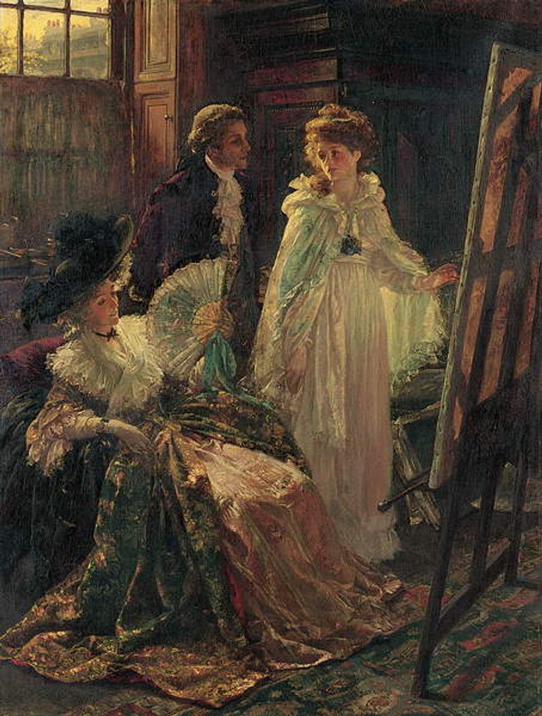 Detail of Miss Angel, Angelica Kauffman, Introduced by Lady Wentworth, visits Mr. Reynolds' Studio, 1892 by Margaret Isabel Dicksee