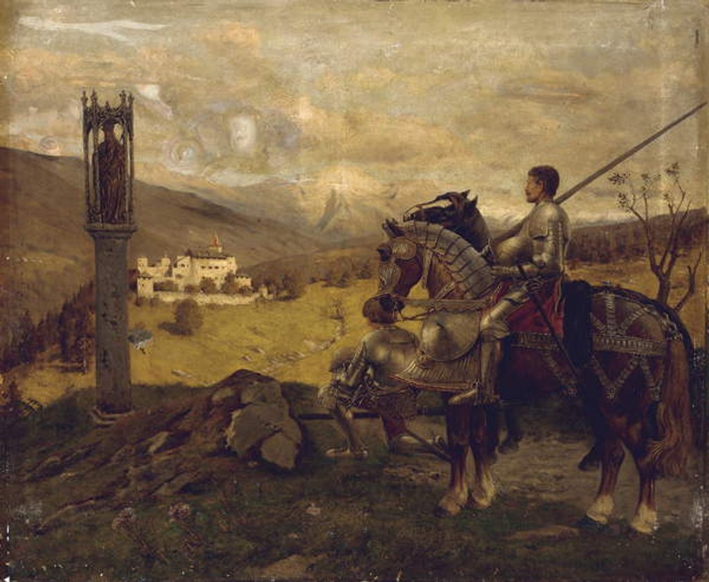 Detail of Knights before a wayside shrine by English School