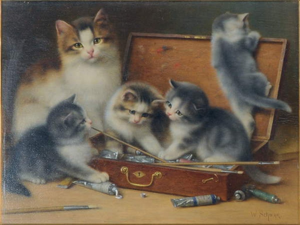 Detail of Mother Cat and her Kittens playing in a Paint Box by Wilhelm Schwar