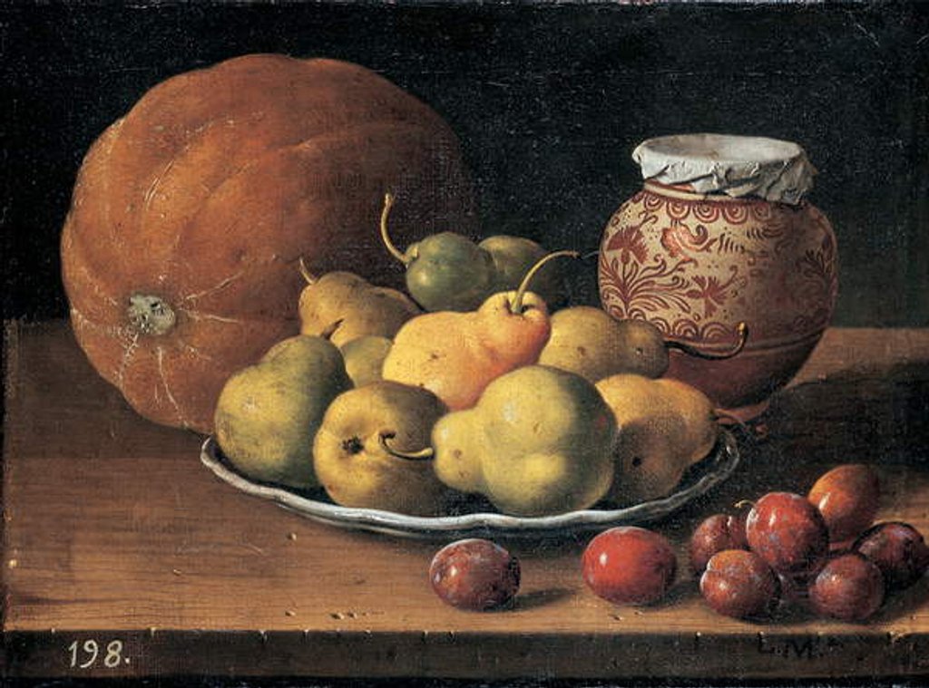 Detail of Pears on a plate, a melon, plums and a decorated mansies jar on a wooden ledge by Luis Egidio Menendez or Melendez