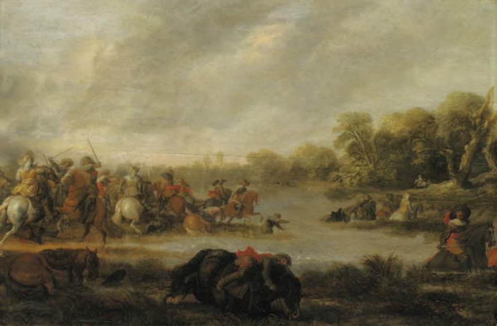 Detail of A cavalry skirmish by a river by Palamedes Palamedesz