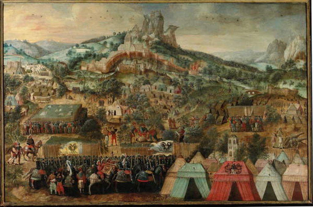 Detail of A siege at Therouanne, with an army led by Charles V encamped below the city by Herri met de Bles