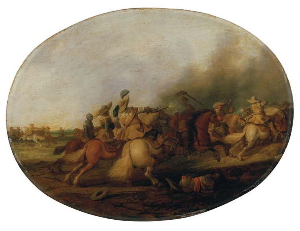 Detail of A cavalry skirmish with a fallen soldier, 1637 by Palamedes Palamedesz