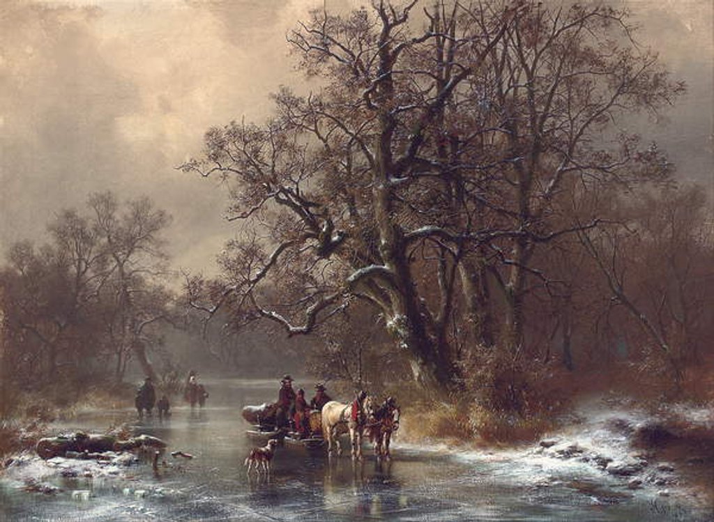 Detail of Loggers on a frozen waterway, 1873 by Heinrich Hofer