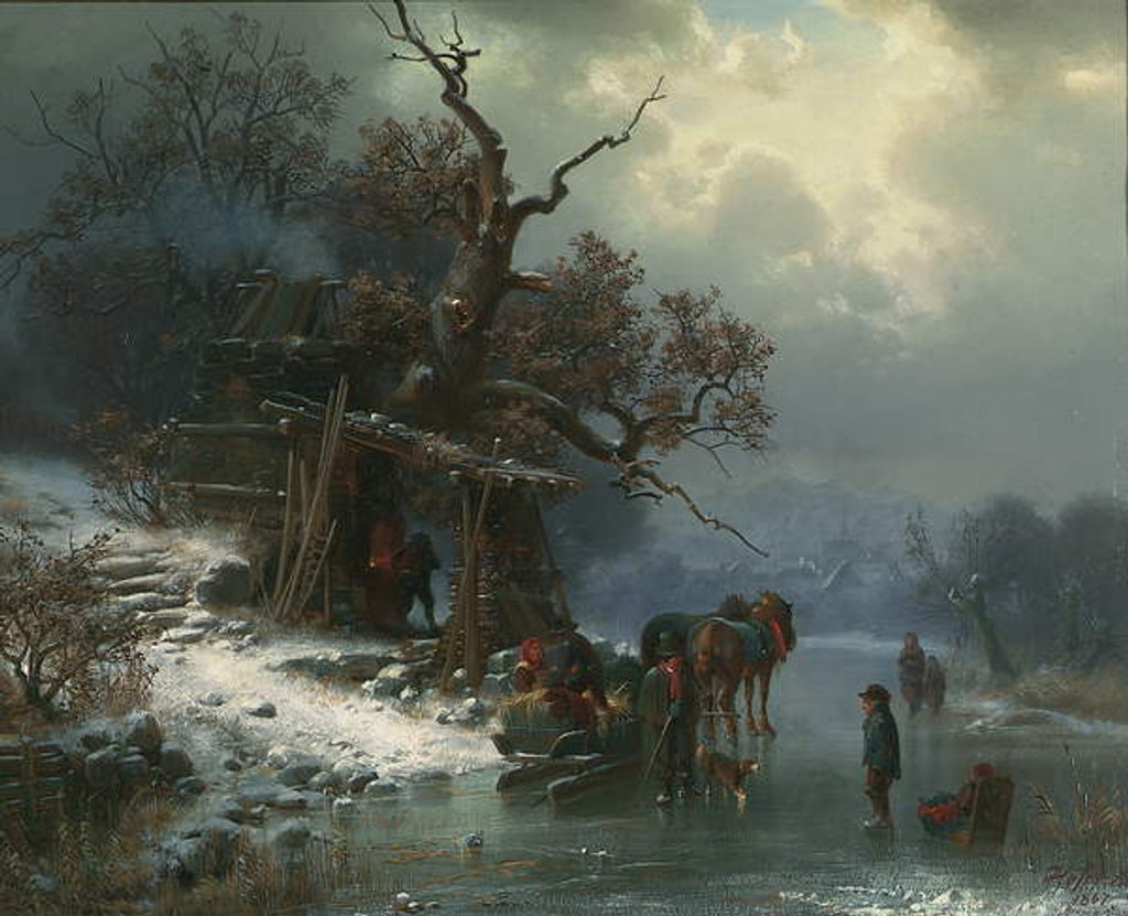 Detail of Winter landscape with figures on a frozen river, 1867 by Heinrich Hofer