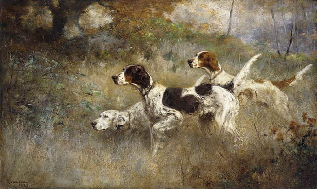 Detail of The Setters Three, Bob, Bill and Ginger on a triple point, 1927 by Percival Leonard Rosseau