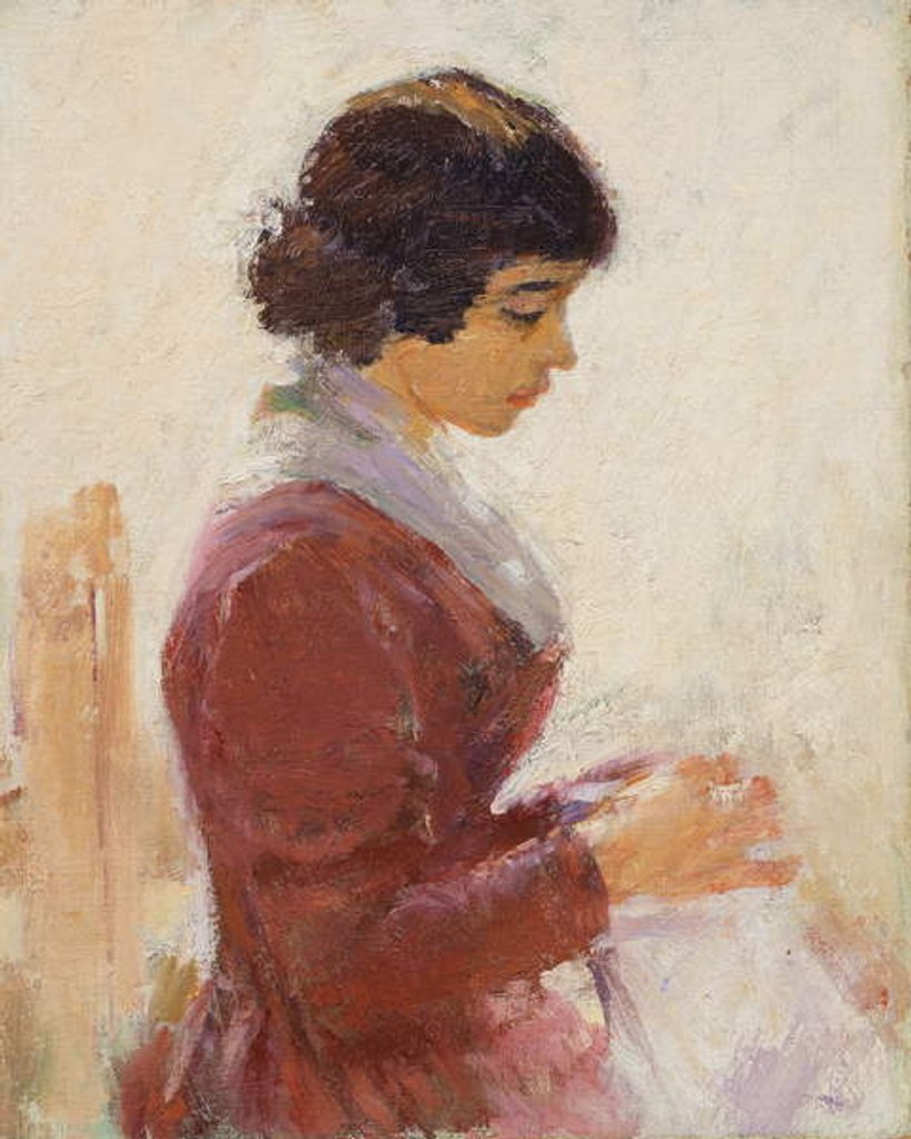 Detail of Girl in Red, Sewing by Theodore Robinson