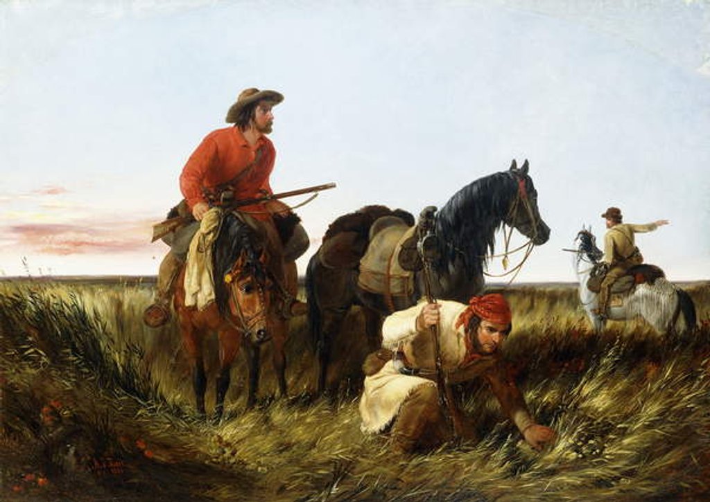 Detail of Trappers Following the Trail: At Fault, 1851 by Arthur Fitzwilliam Tait