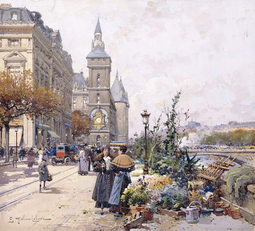 Detail of Le Quai aux Fleurs and Hotel by Eugene Galien-Laloue
