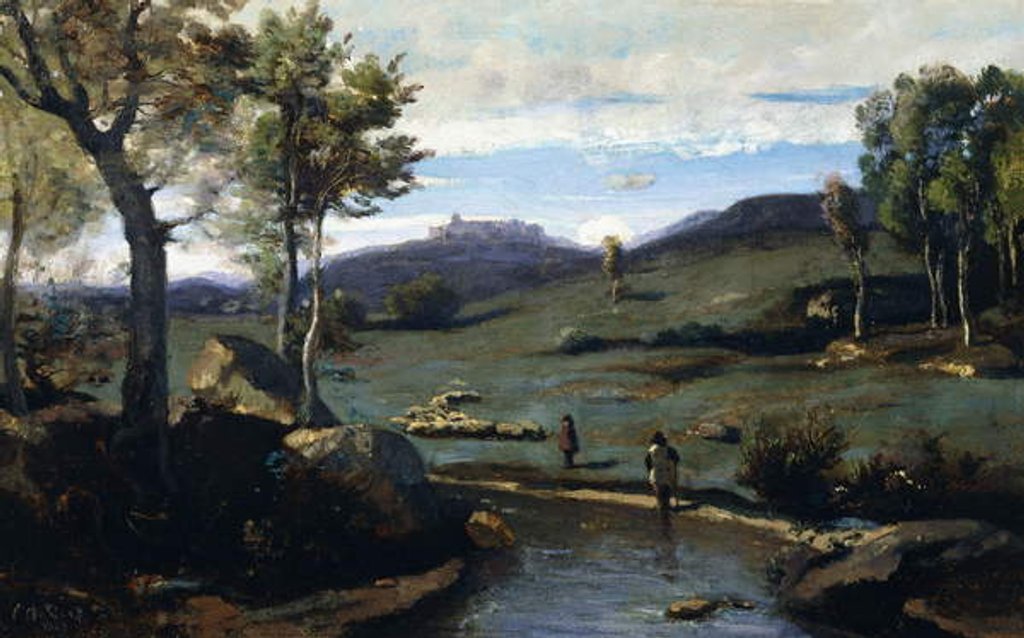Detail of Roman Countryside - Rocky Valley with a Herd of Pigs, 1843 by Jean Baptiste Camille Corot