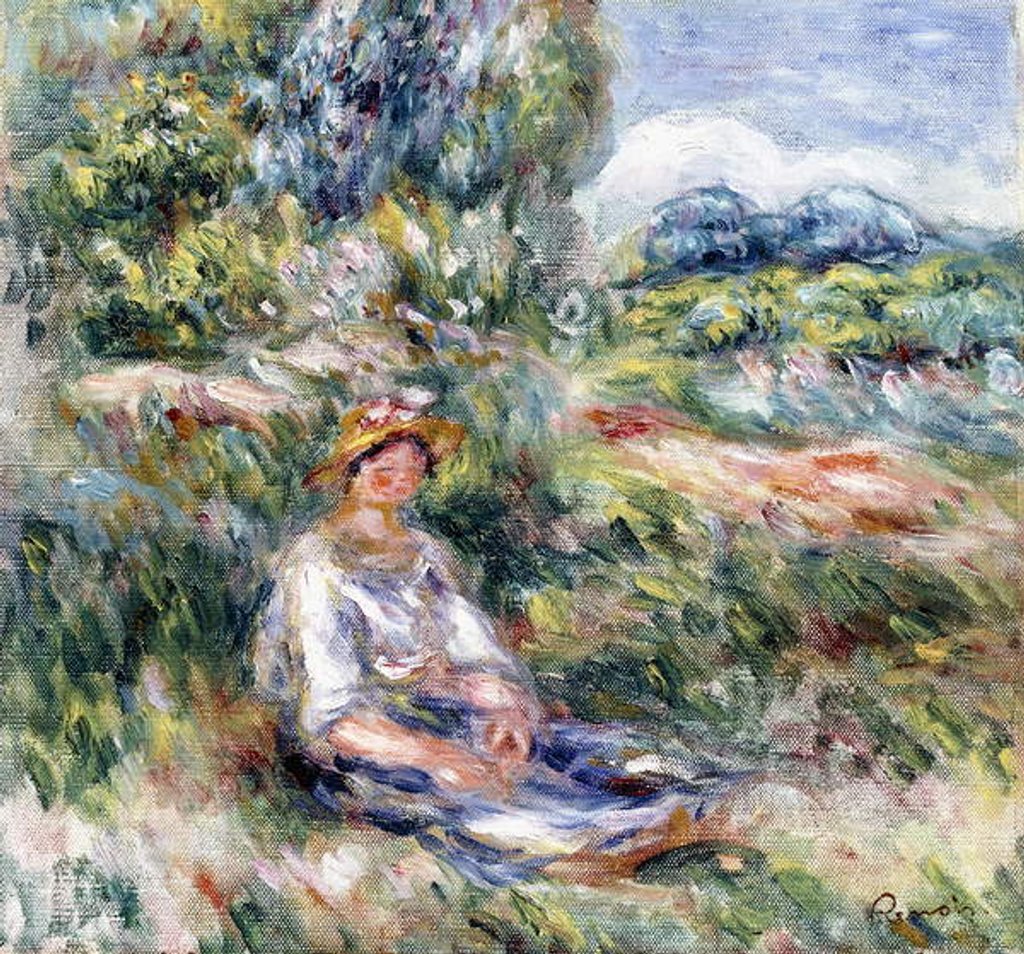 Detail of Young Woman Sitting in a Meadow by Pierre Auguste Renoir