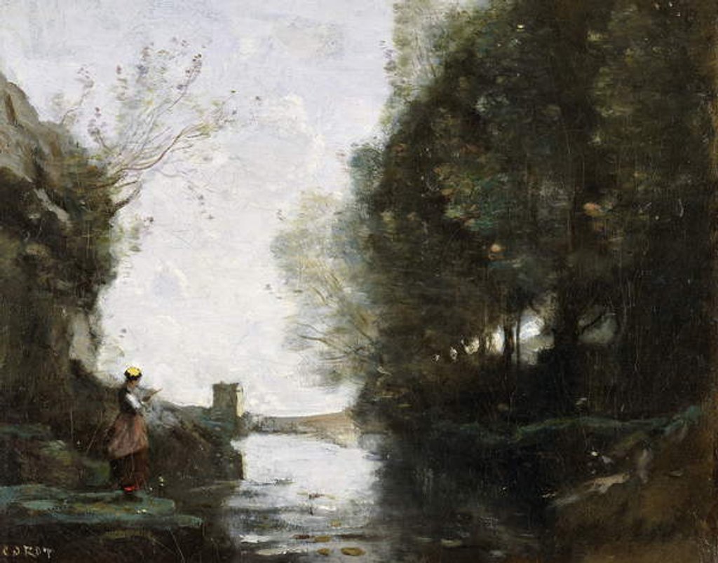 Detail of A River with a Square Tower and a Farmer in the foreground, c.1865-70 by Jean Baptiste Camille Corot