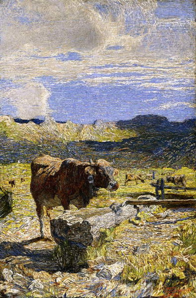 Detail of Brown Cow drinking from a Trough, 1892 by Giovanni Segantini