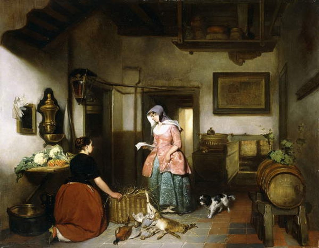 Detail of Interior of a Larder with Women cleaning Game, 1852 by Hubertus van Hove