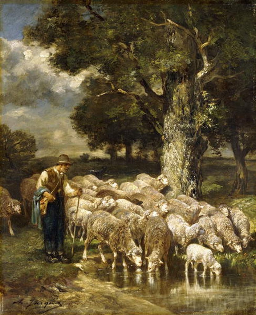 Detail of A Shepherd tending his Flock by Charles Emile Jacque
