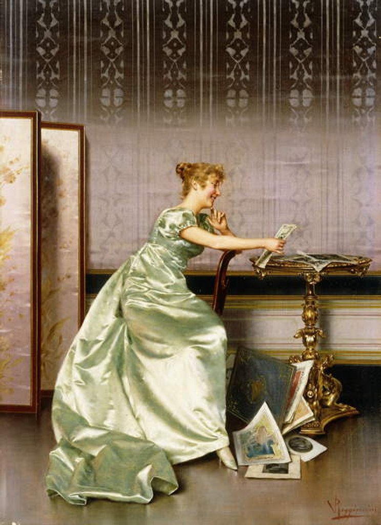 Detail of An Elegant Lady Admiring a Portfolio of Prints, by Vittorio Reggianini