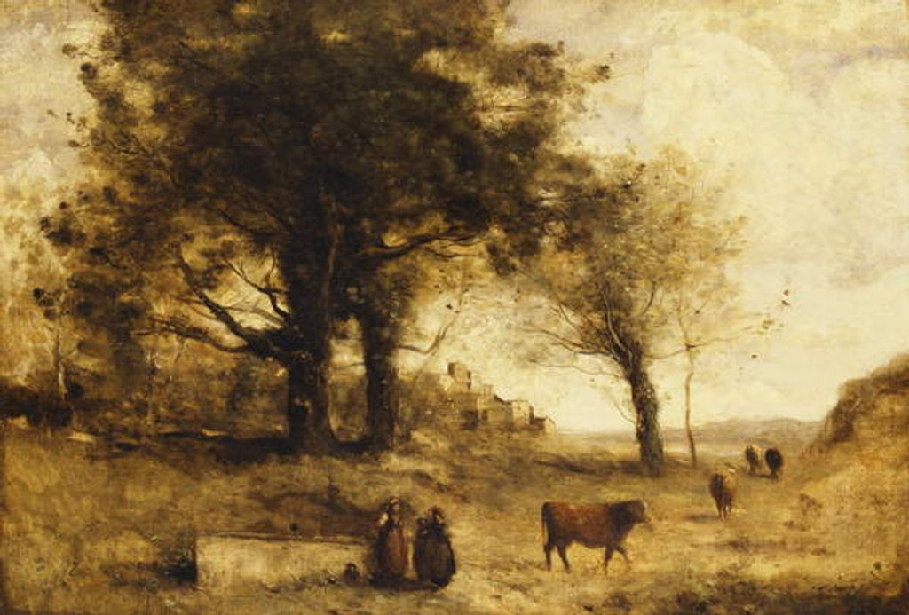 Detail of The Cows and the Well by Jean Baptiste Camille Corot