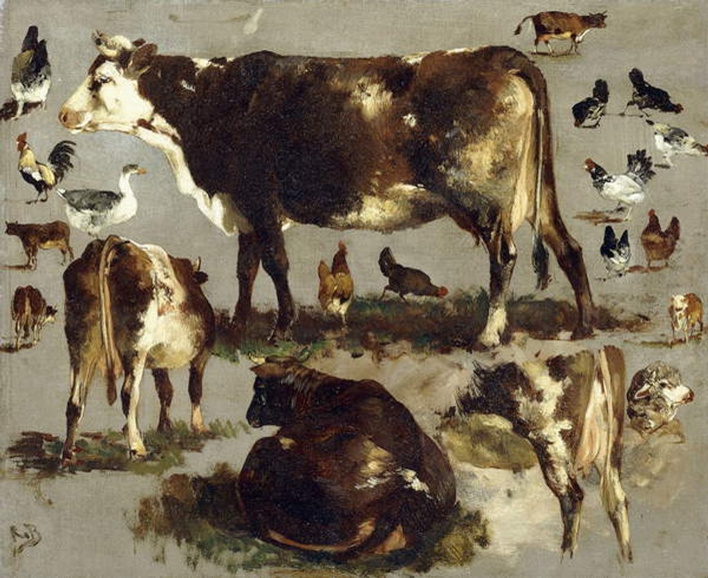 Detail of Studies of Cows, Hens, Roosters, a Goose and a Sheep, by Rosa Bonheur