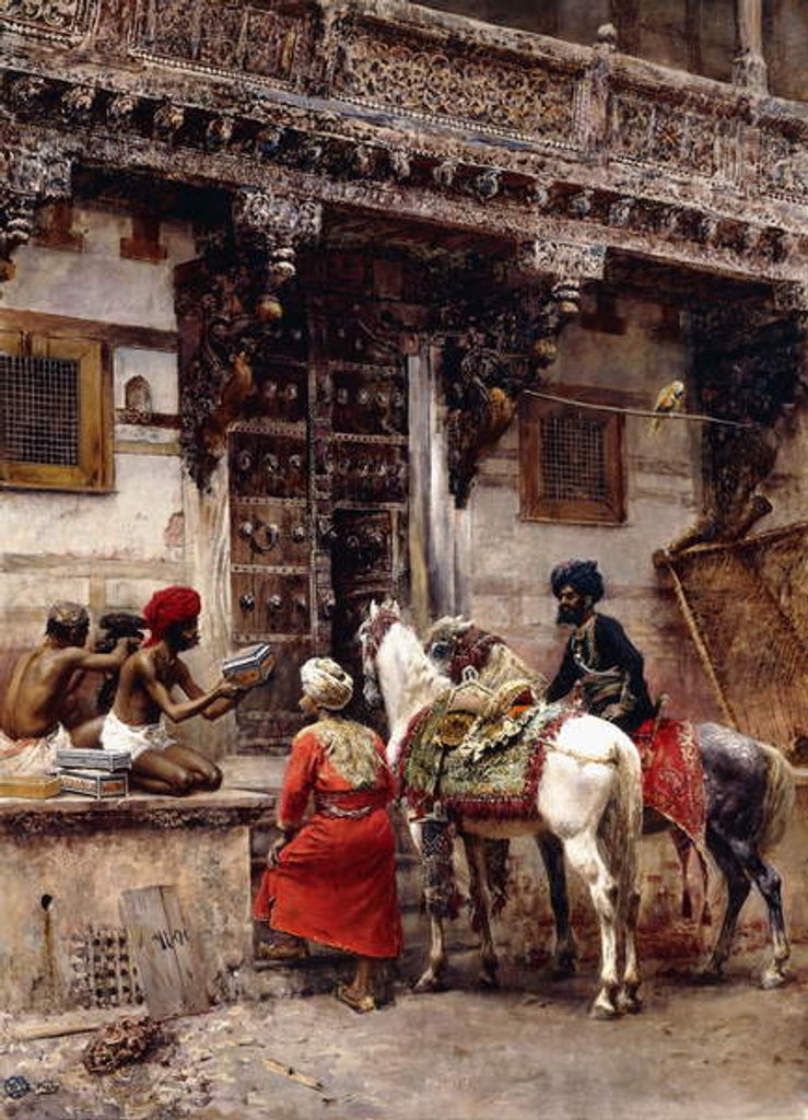 Detail of Craftsman Selling Cases by a Teak-Wood Building, Ahmedabad, c.1885 by Edwin Lord Weeks