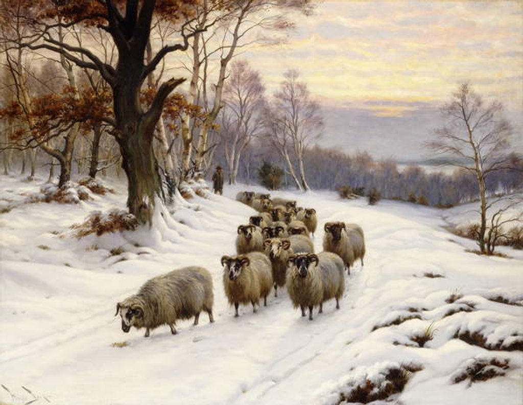 Detail of A Shepherd and his Flock on a Path in Winter by Wright Barker