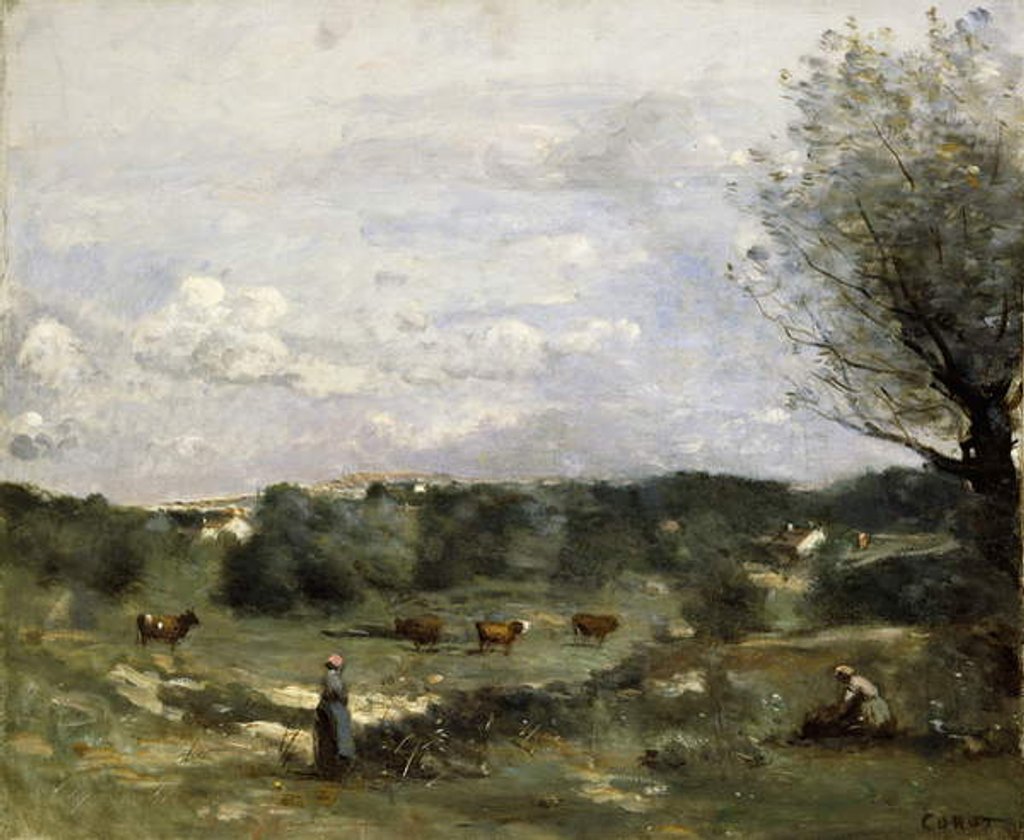 Detail of Meadow with Cows, a Willow on the right and a Distant Village by Jean Baptiste Camille Corot