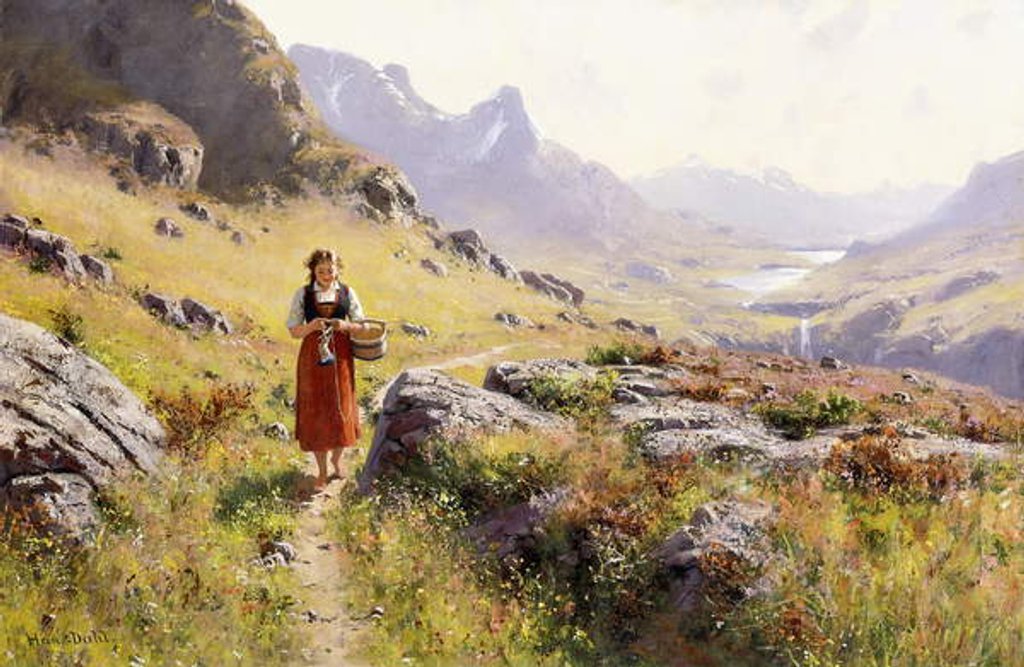 Detail of Knitting in a Norwegian Landscape by Hans Dahl