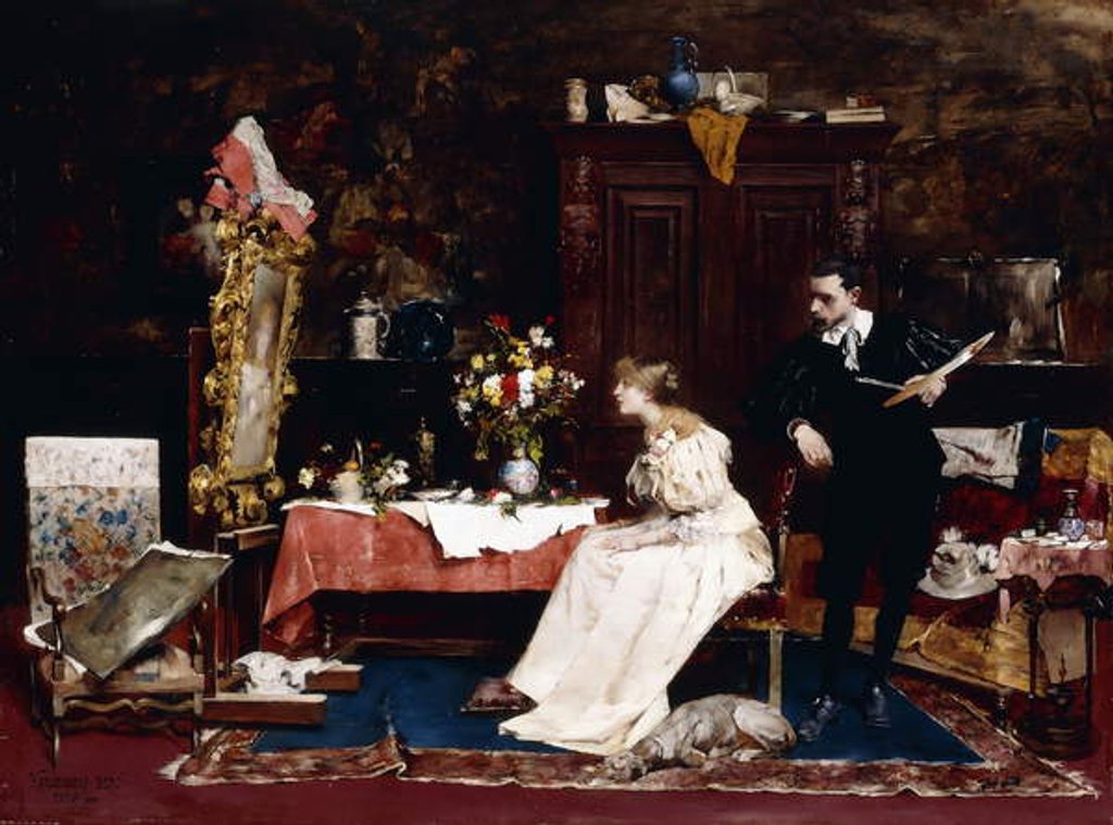 Detail of Presenting her Portrait, 1883 by Berci de Karlovszkyn