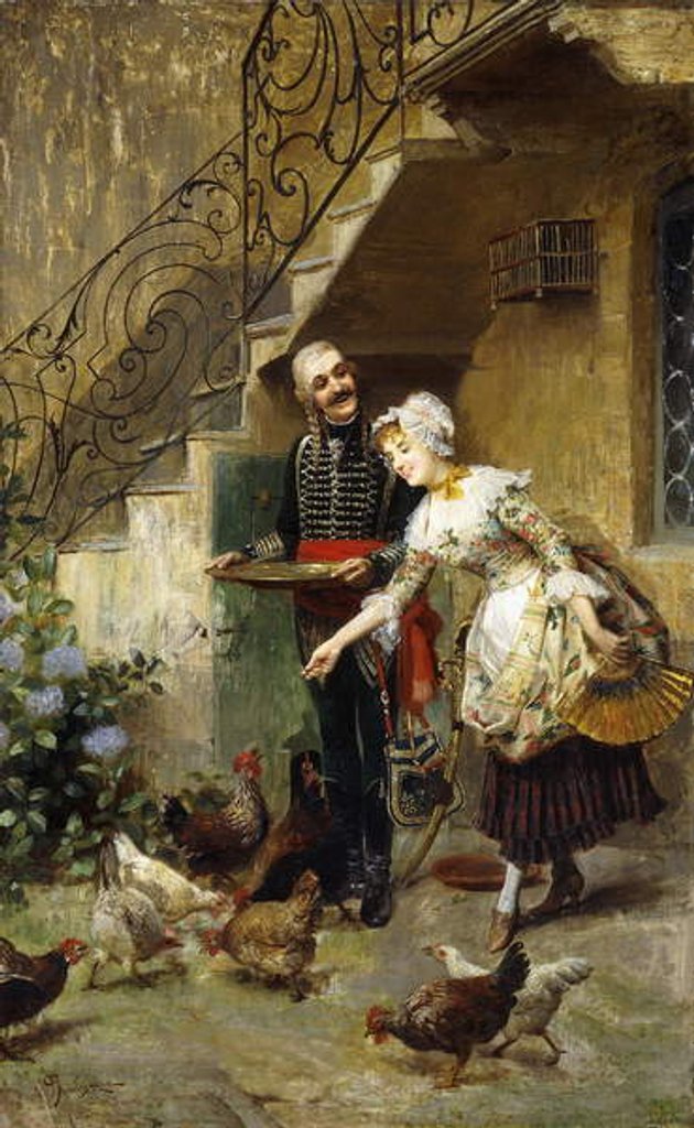 Detail of An Elegant Couple feeding Chickens in a Courtyard by Giacomo Mantegazza