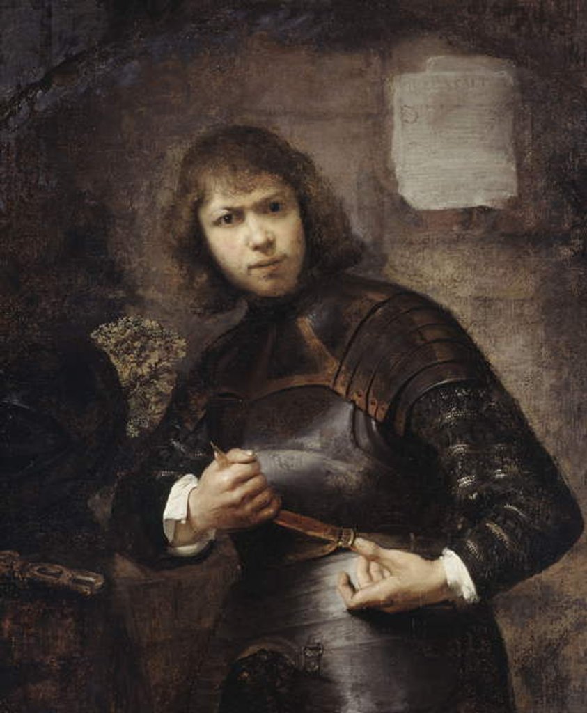 Detail of A Soldier, standing three-quarter length, buckling his belt by Willem Drost