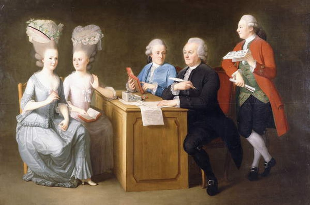Detail of A Group Portrait of Monsieur Le Roy, with his Two Daughters and Two Sons, seated full-length at a Table, 1779 by Dominique Doncre