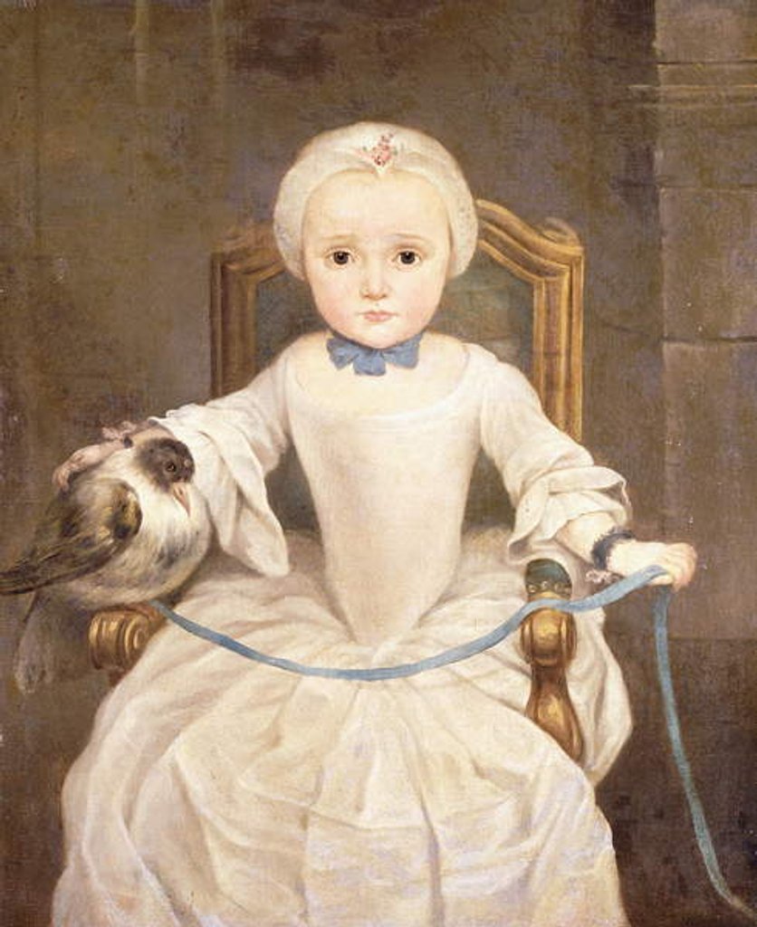 Detail of A Young Girl Seated, three-quarter length, wearing an Ivory Dress and Bonnet with a Pigeon by Christian Lindner
