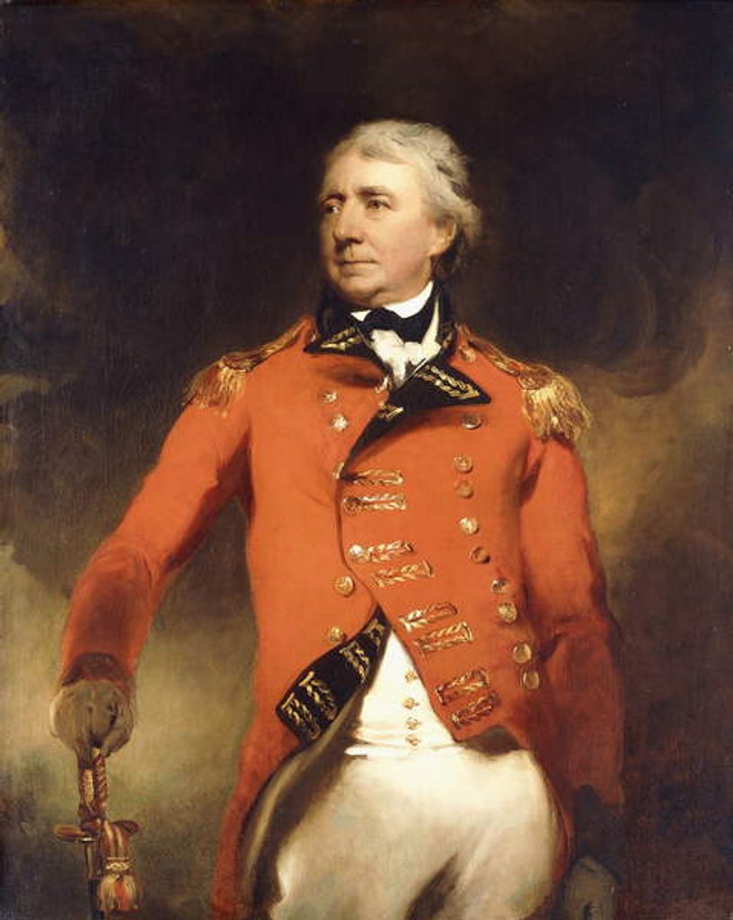 Detail of Portrait of General James Stuart standing three-quarter length, wearing a red uniform with gold frogging by Thomas Lawrence