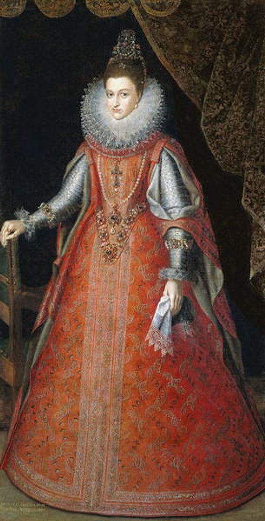Detail of Portrait of the Infanta Isabella Eugenia, standing full-length wearing a brocade dress, 1593 by Alonso Sanchez Coello