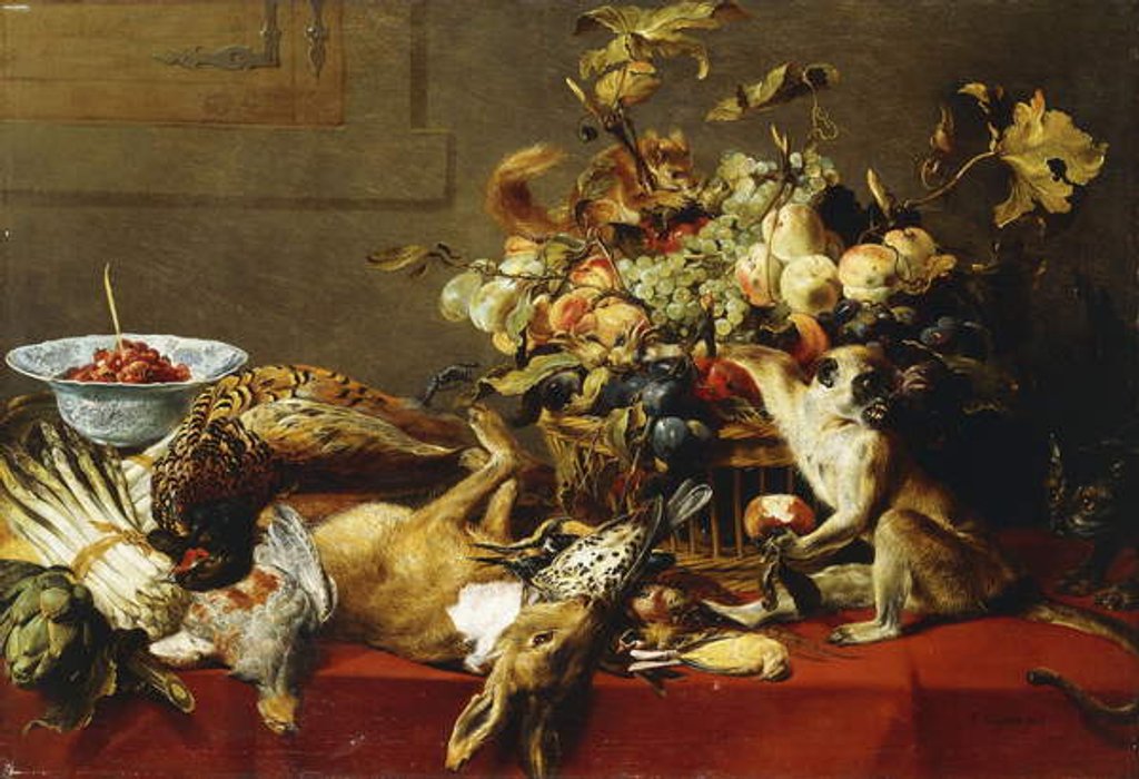 Detail of A Basket of Fruit on a Draped Table with Dead Game and a Monkey by Frans Snyders or Snijders